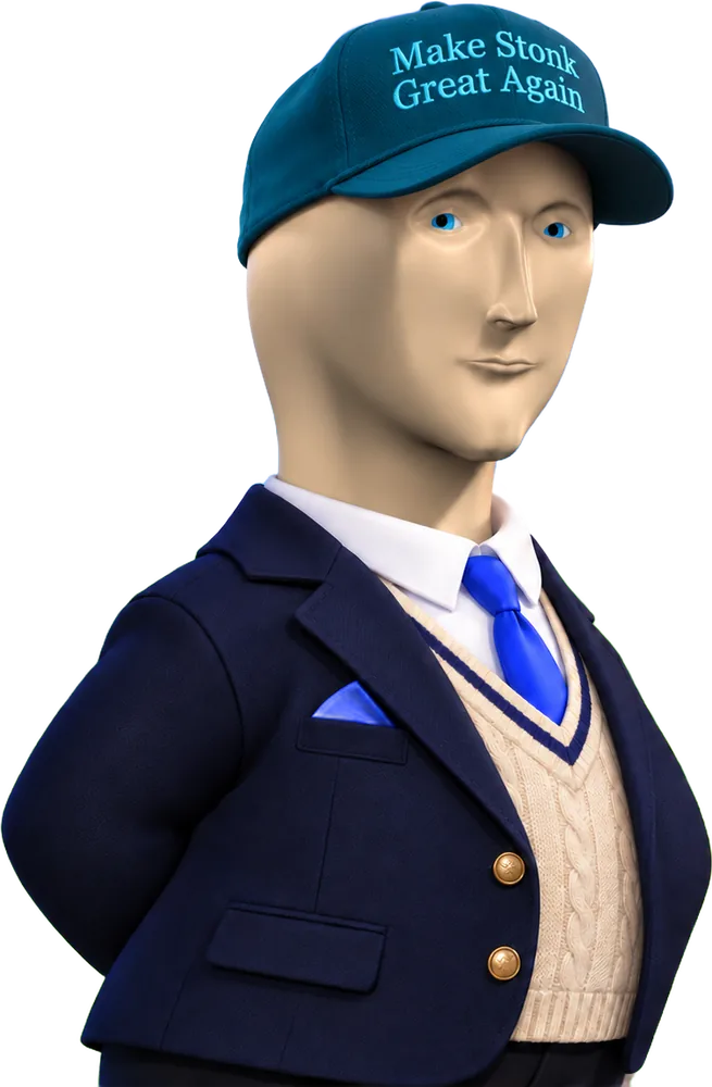 The Make Stonk Great Again character: smooth 3D face, teal cap, navy blazer, cream knit vest and bright blue tie